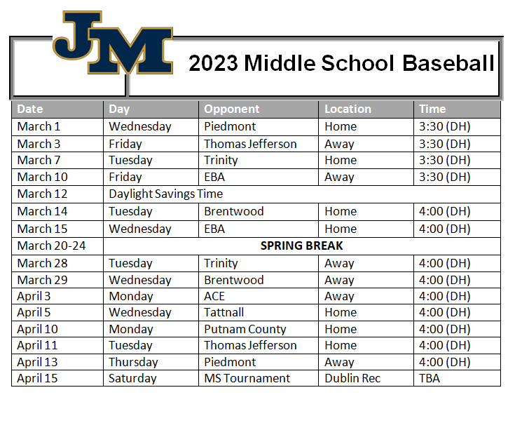 2023 Middle School Baseball